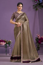 Bronze Banarasi Crush Silk Saree With Stitched Blouse For Indian & Pakistani Wedding Festival - Thread Embroidery Work, Moti Work