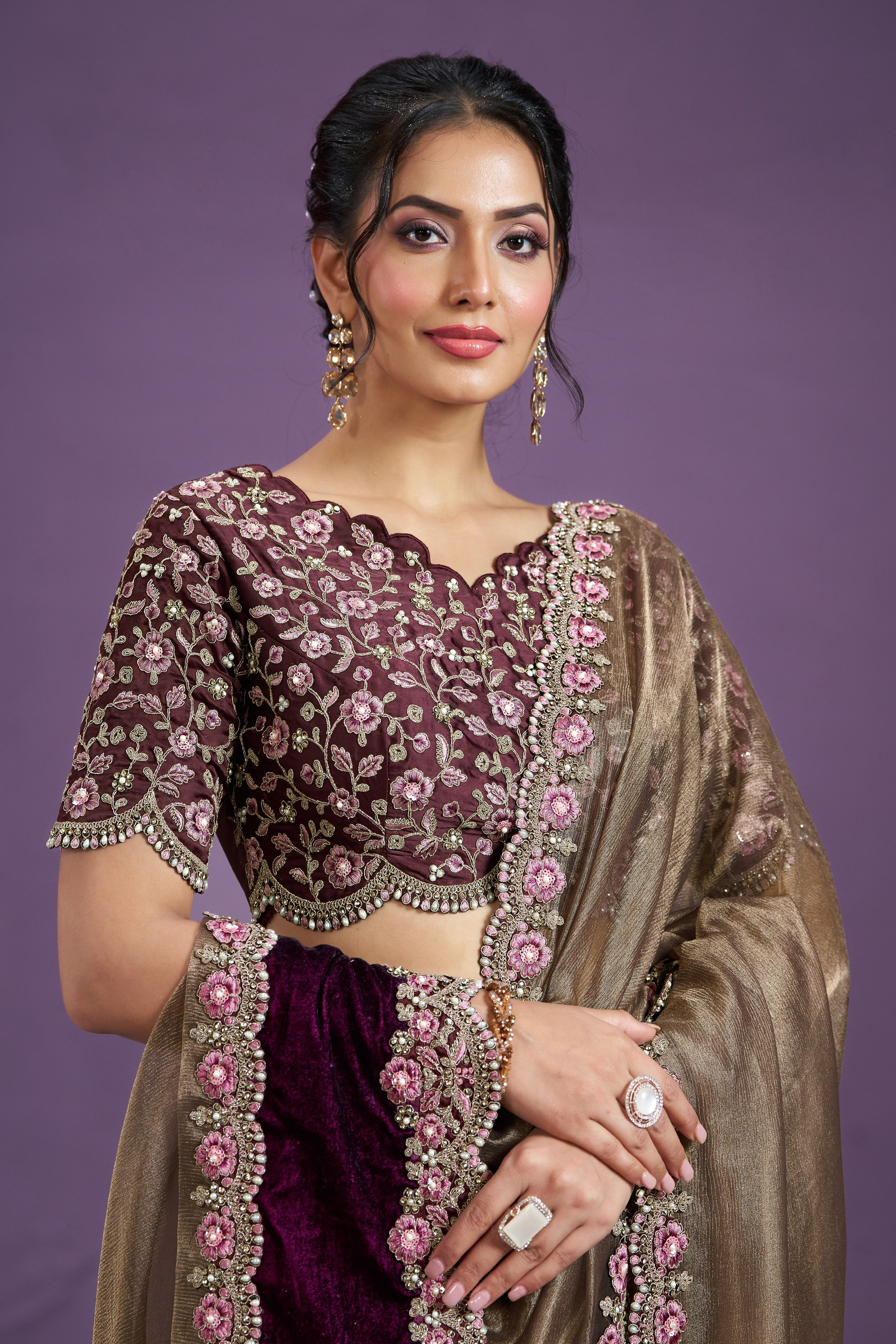 Bronze Banarasi Crush Silk Saree With Stitched Blouse For Indian & Pakistani Wedding Festival - Thread Embroidery Work, Moti Work