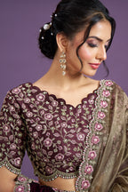 Bronze Banarasi Crush Silk Saree With Stitched Blouse For Indian & Pakistani Wedding Festival - Thread Embroidery Work, Moti Work