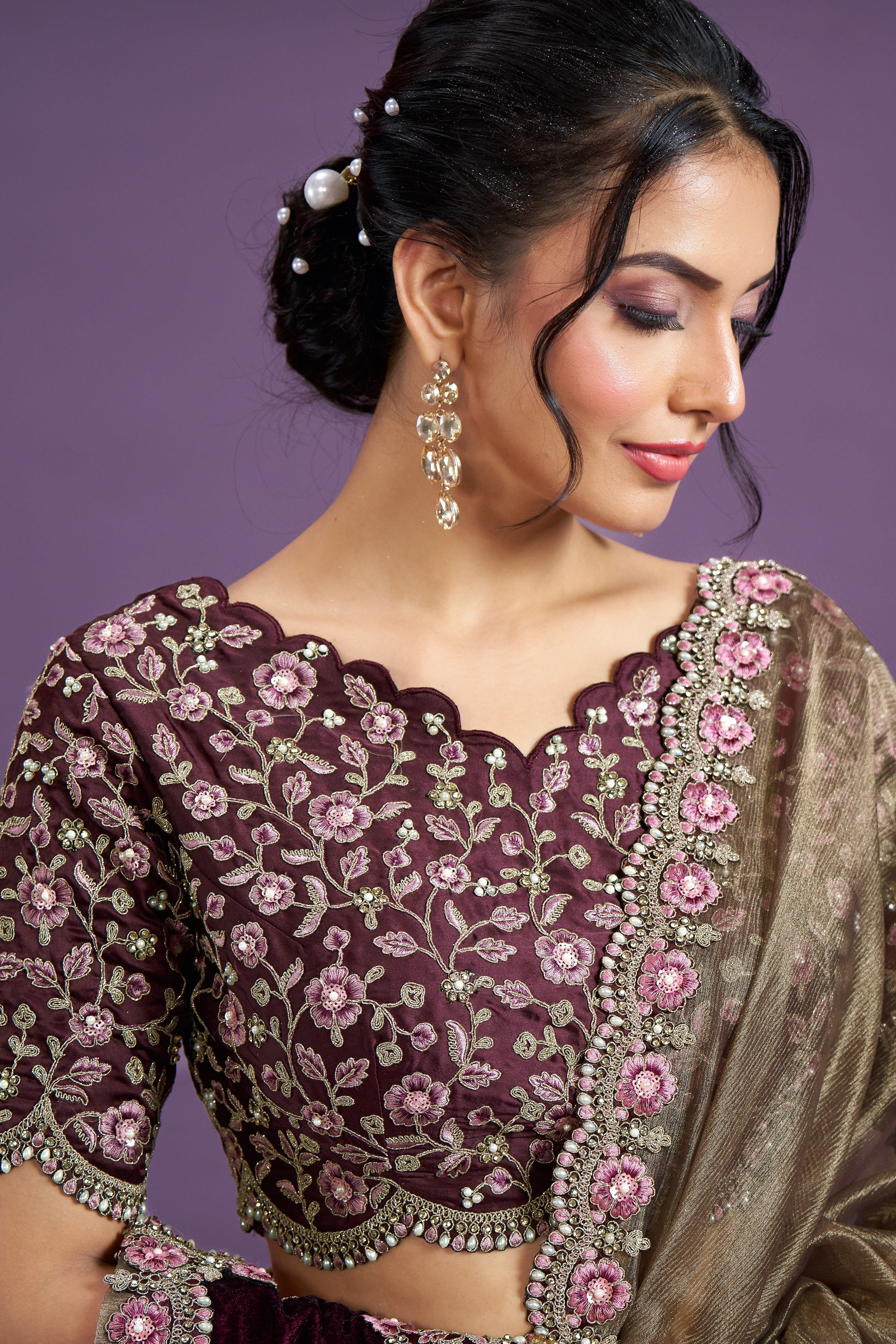 Bronze Banarasi Crush Silk Saree With Stitched Blouse For Indian & Pakistani Wedding Festival - Thread Embroidery Work, Moti Work