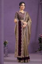 Bronze Banarasi Crush Silk Saree With Stitched Blouse For Indian & Pakistani Wedding Festival - Thread Embroidery Work, Moti Work