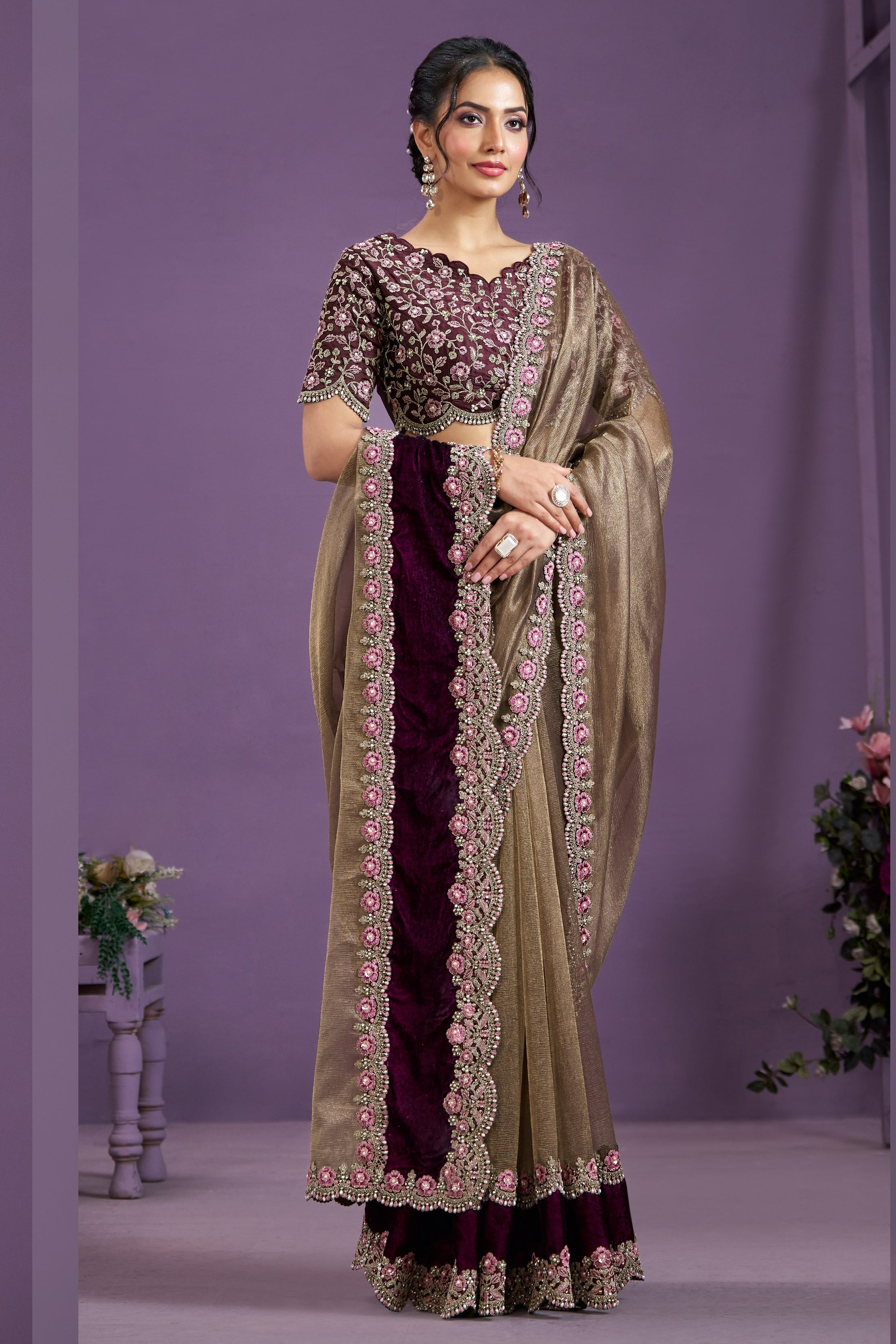 Bronze Banarasi Crush Silk Saree With Stitched Blouse For Indian & Pakistani Wedding Festival - Thread Embroidery Work, Moti Work