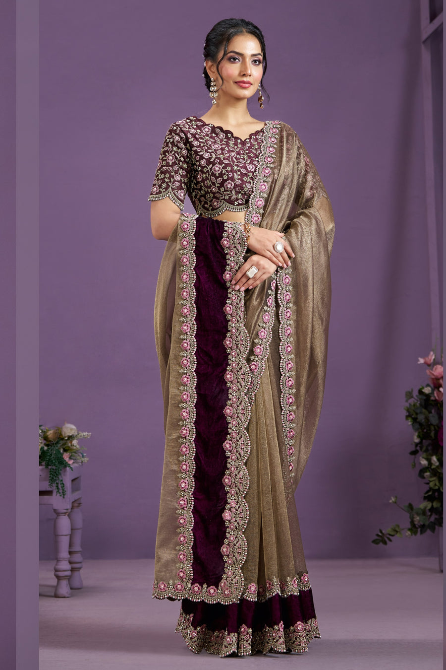 Bronze Banarasi Crush Silk Saree With Stitched Blouse For Indian & Pakistani Wedding Festival - Thread Embroidery Work, Moti Work