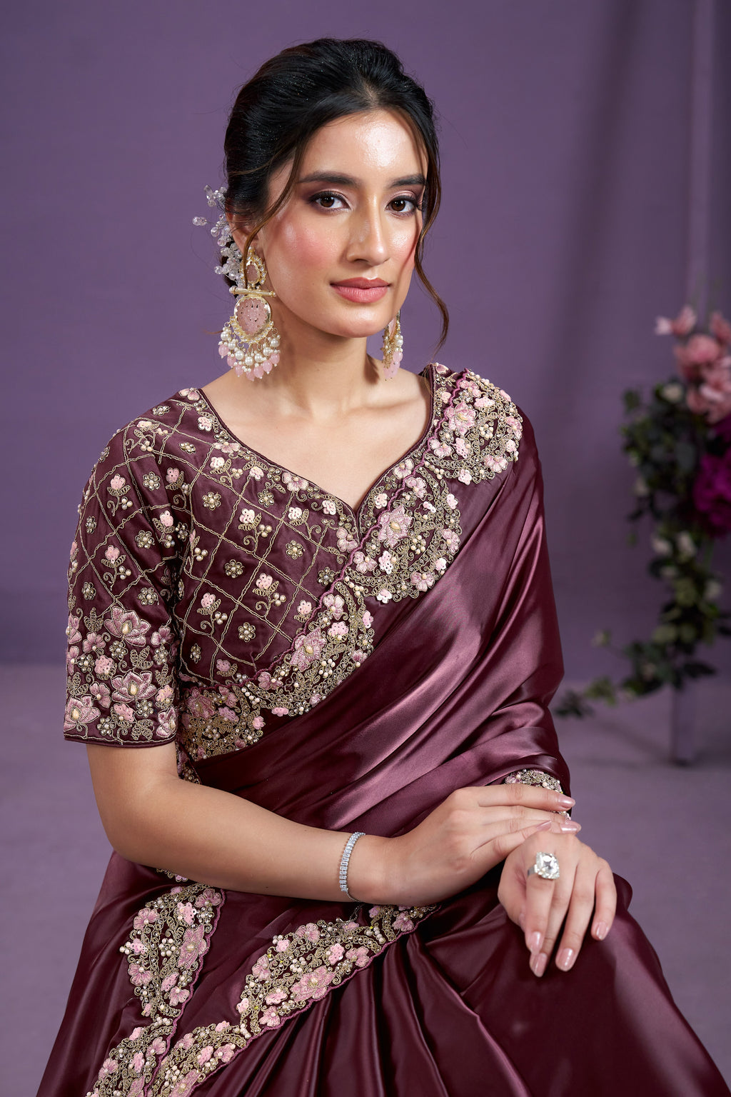 Burgundy Crepe Satin Crush Silk Saree With Stitched Blouse For Indian & Pakistani Wedding Festival - Sequence Embroidery Work, Hand Work, Dori Work