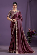Burgundy Crepe Satin Crush Silk Saree With Stitched Blouse For Indian & Pakistani Wedding Festival - Sequence Embroidery Work, Hand Work, Dori Work