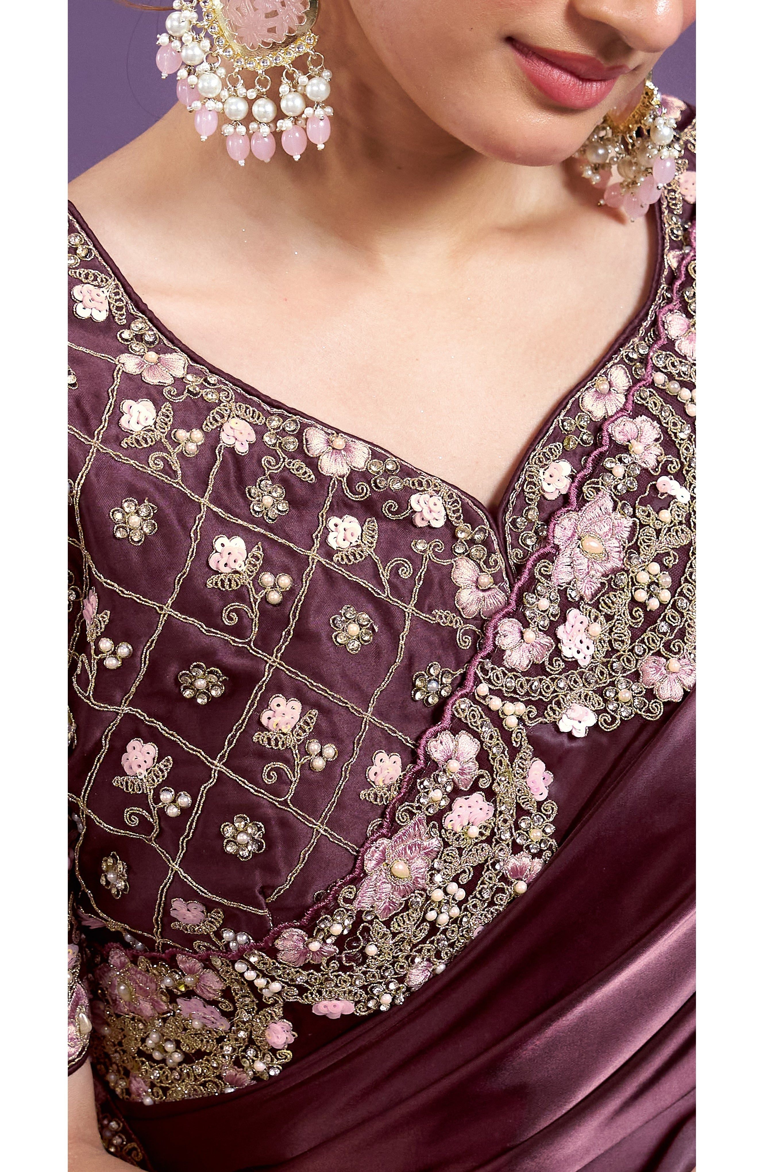 Burgundy Crepe Satin Crush Silk Saree With Stitched Blouse For Indian & Pakistani Wedding Festival - Sequence Embroidery Work, Hand Work, Dori Work