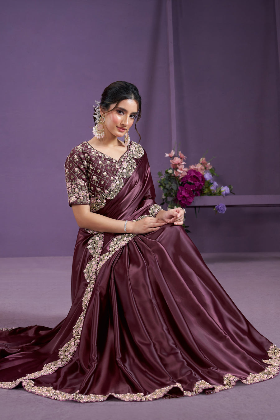Burgundy Crepe Satin Crush Silk Saree With Stitched Blouse For Indian & Pakistani Wedding Festival - Sequence Embroidery Work, Hand Work, Dori Work