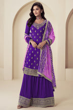 Purple Chinon Silk Palazzo Suit For Indian Wedding & Pakistani Festival - Embroidery Work, Print Work