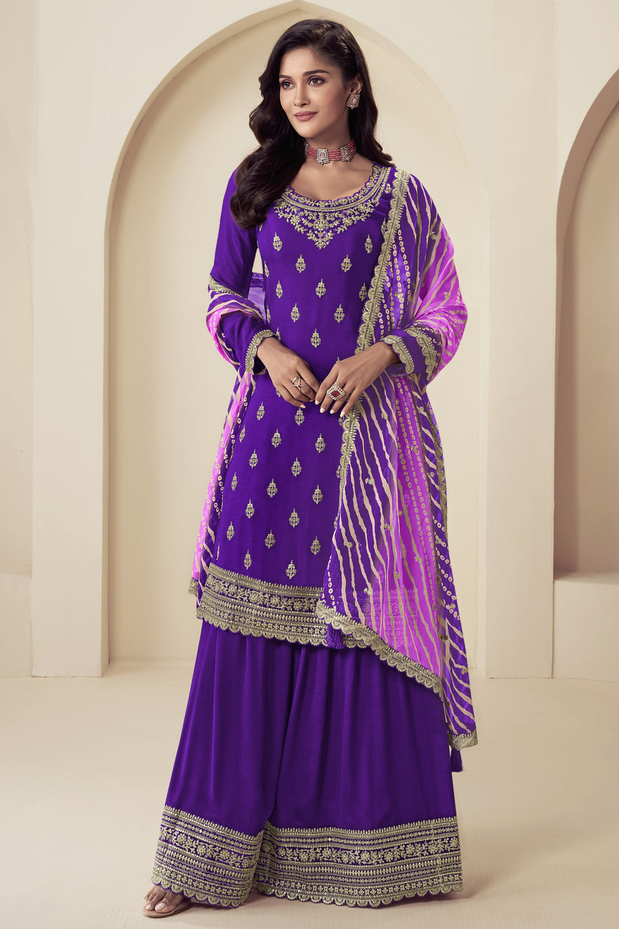 Purple Chinon Silk Palazzo Suit For Indian Wedding & Pakistani Festival - Embroidery Work, Print Work