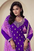 Purple Chinon Silk Palazzo Suit For Indian Wedding & Pakistani Festival - Embroidery Work, Print Work