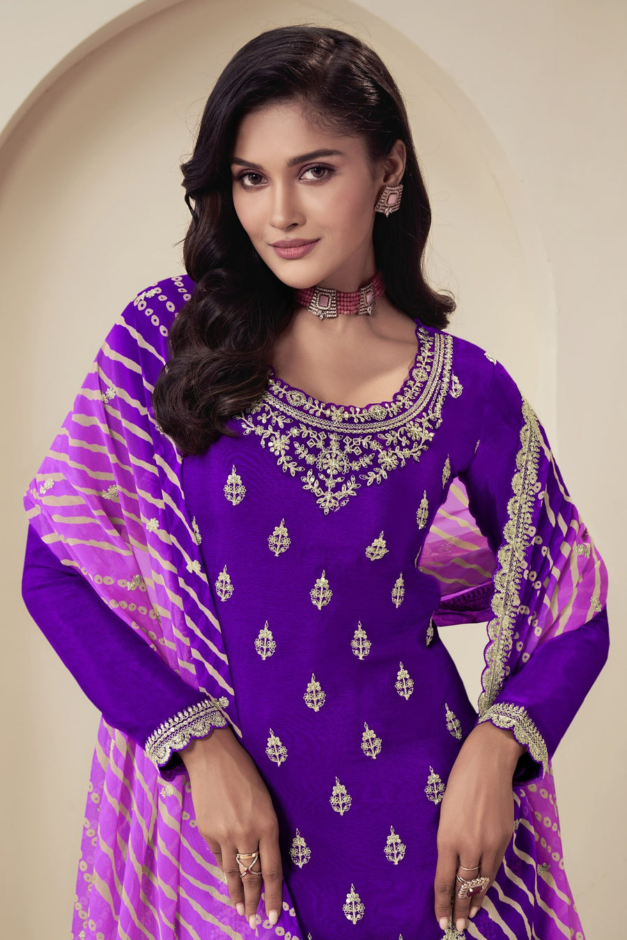 Purple Chinon Silk Palazzo Suit For Indian Wedding & Pakistani Festival - Embroidery Work, Print Work