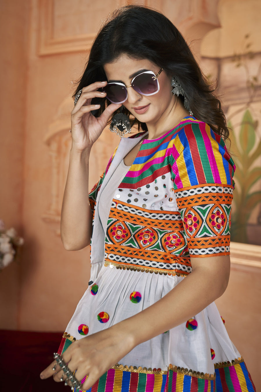 White Cotton Kediya For Navratri Garba Festivals Jeans & T-Shirt NOT Included - Embroidery Work