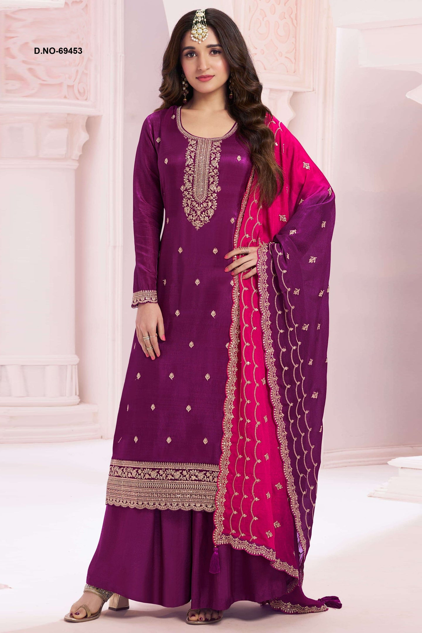 Purple Silk Georgette Plazo Suit For Indian & Pakistani Wedding Festival - Embroidery Work