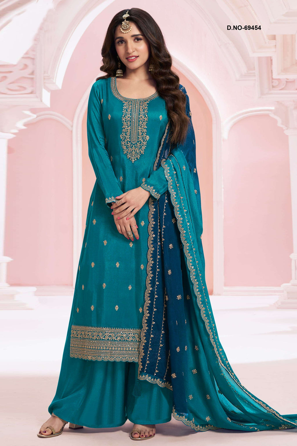 Teal Silk Georgette Plazo Suit For Indian & Pakistani Wedding Festival - Embroidery Work