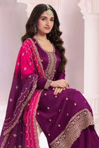 Purple Silk Georgette Plazo Suit For Indian & Pakistani Wedding Festival - Embroidery Work