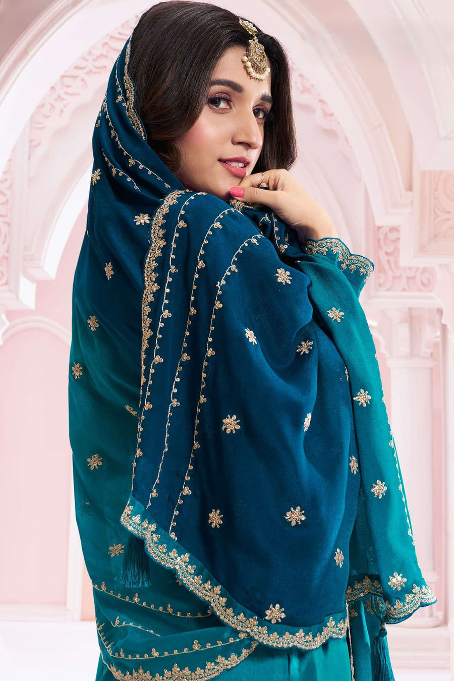 Teal Silk Georgette Plazo Suit For Indian & Pakistani Wedding Festival - Embroidery Work