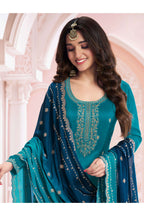 Teal Silk Georgette Plazo Suit For Indian & Pakistani Wedding Festival - Embroidery Work