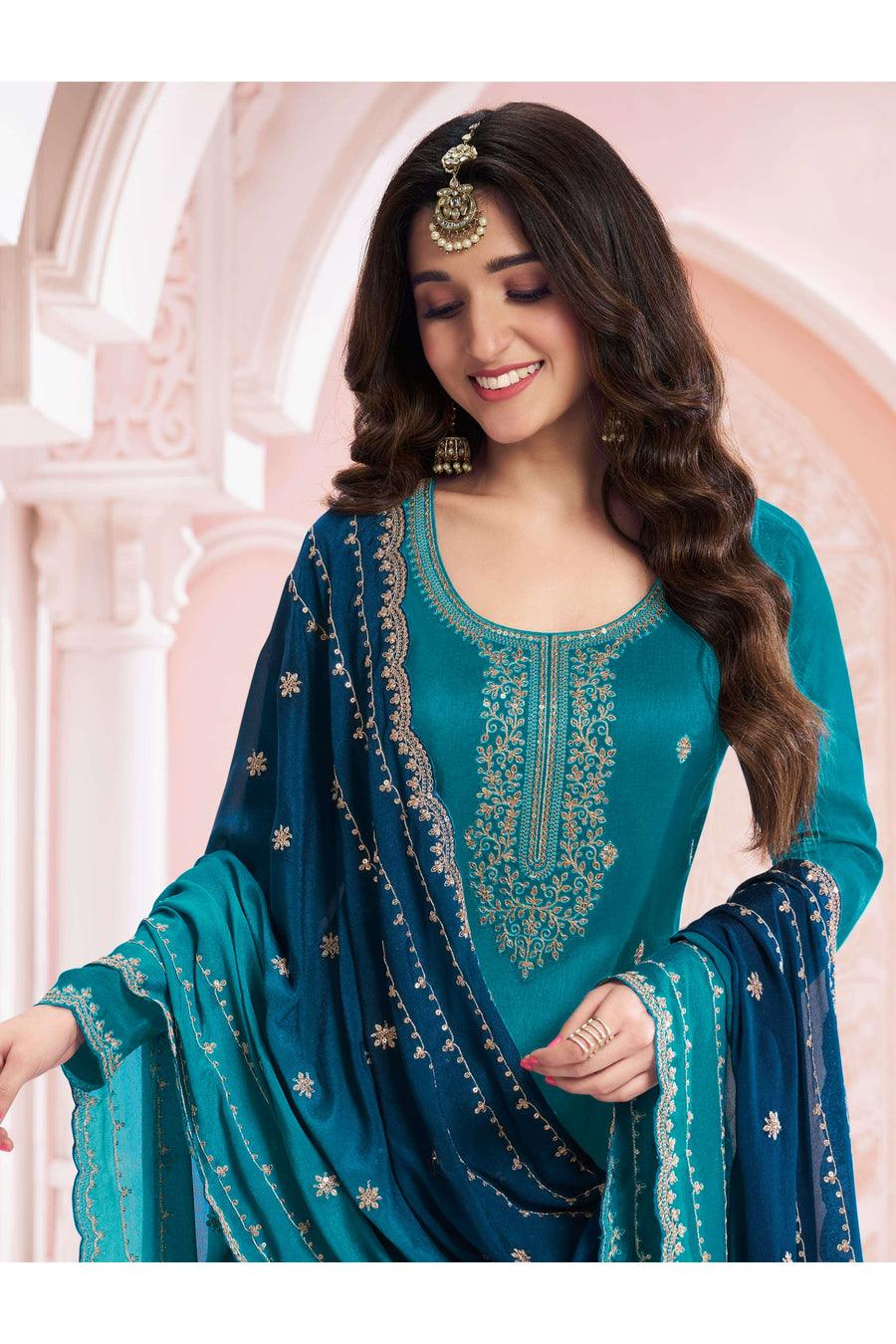 Teal Silk Georgette Plazo Suit For Indian & Pakistani Wedding Festival - Embroidery Work
