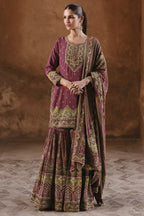 Maroon Crepe Silk Sharara Kameez Suit for Women for Wedding - Embroidery Work, Print Work