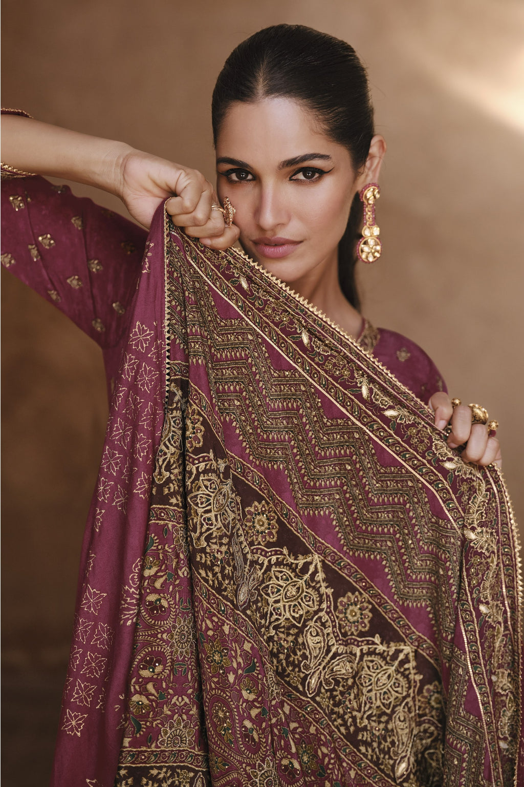 Maroon Crepe Silk Sharara Kameez Suit for Pakistani & Indian Festival - Embroidery Work