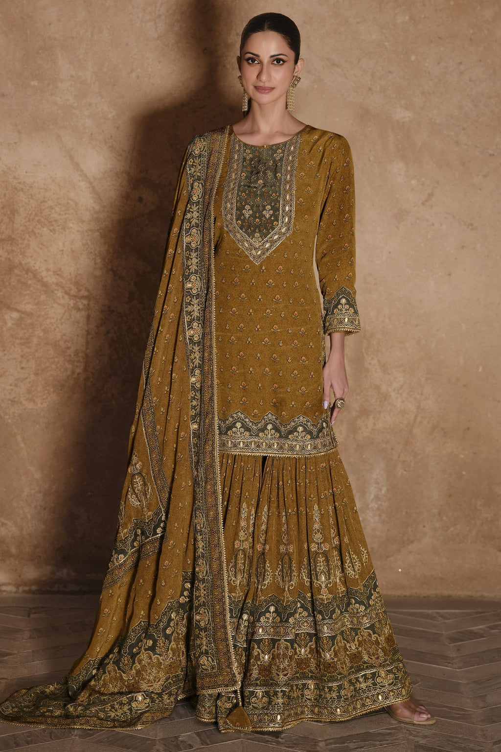 Mustard Yellow Crepe Silk Pakistani Sharara Kameez Suit for Wedding - Embroidery Work
