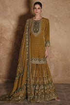 Mustard Yellow Crepe Silk Pakistani Sharara Kameez Suit for Wedding - Embroidery Work