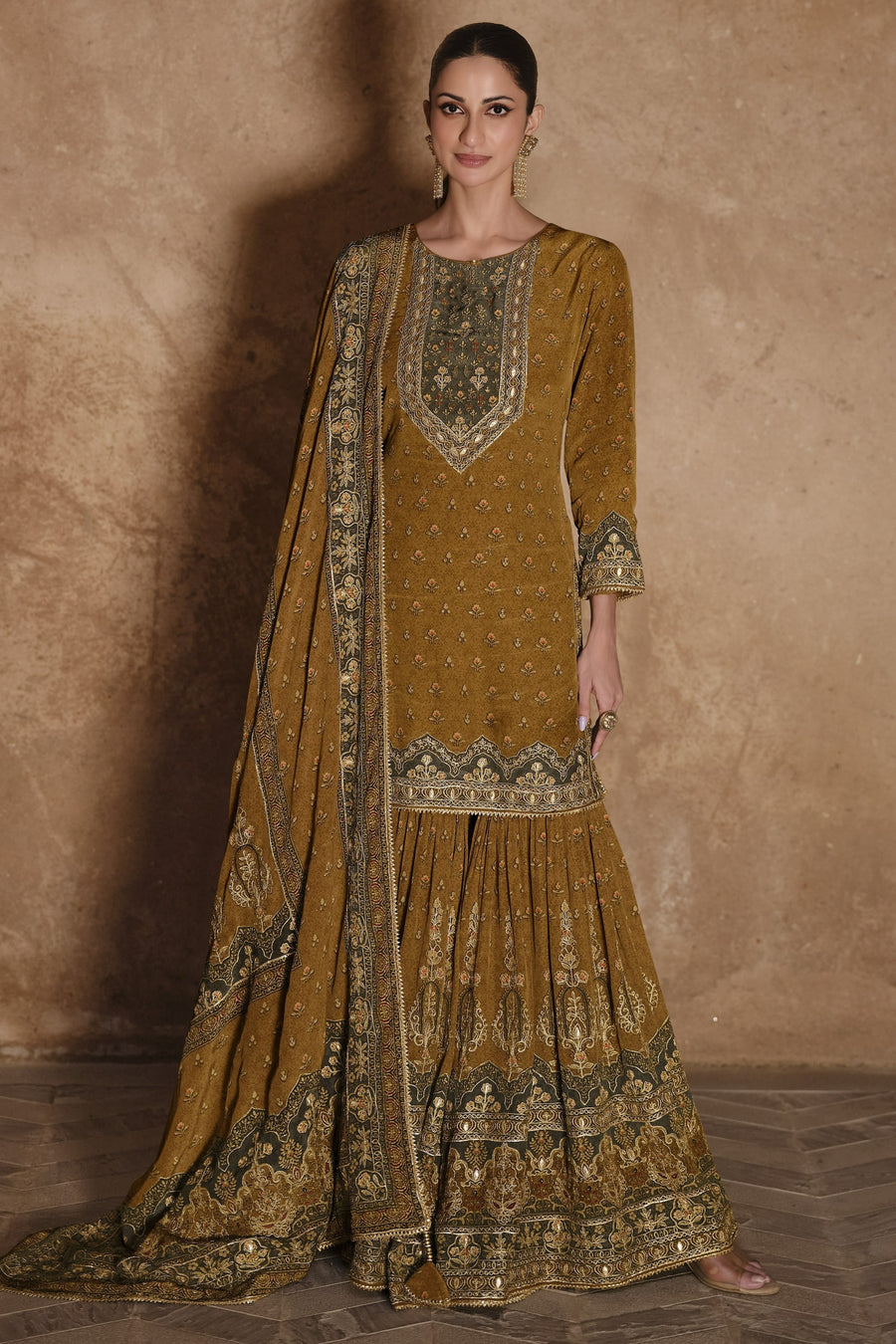 Mustard Yellow Crepe Silk Pakistani Sharara Kameez Suit for Wedding - Embroidery Work