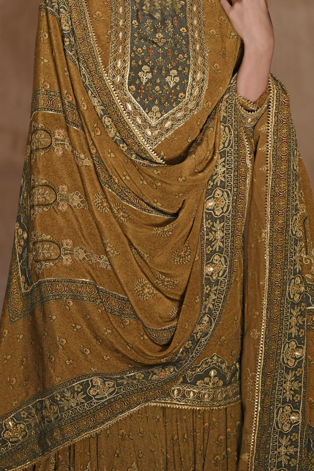 Mustard Yellow Crepe Silk Pakistani Sharara Kameez Suit for Wedding - Embroidery Work