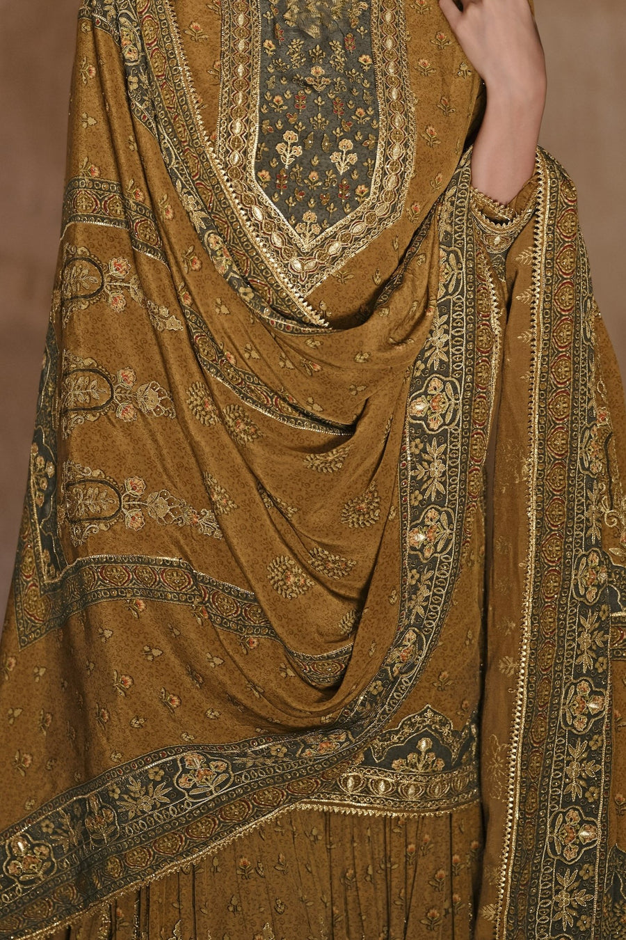 Mustard Yellow Crepe Silk Pakistani Sharara Kameez Suit for Wedding - Embroidery Work