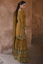 Mustard Yellow Crepe Silk Sharara Kameez Suit for Pakistani & Indian Festival - Embroidery Work