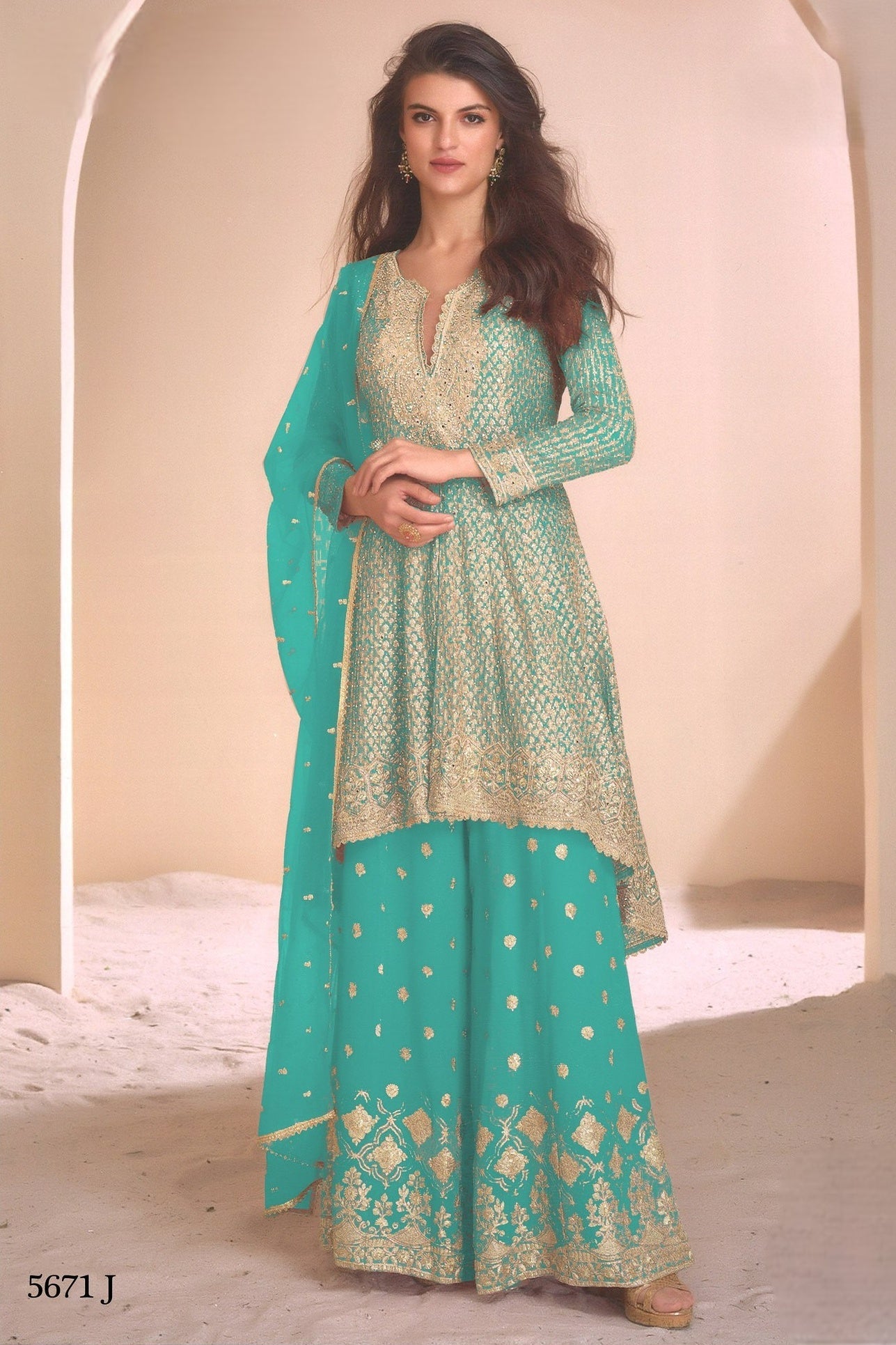 Turquoise Georgette Plazo Suit For Indian & Pakistani Wedding Festival - Embroidery Work, Swarovski Work