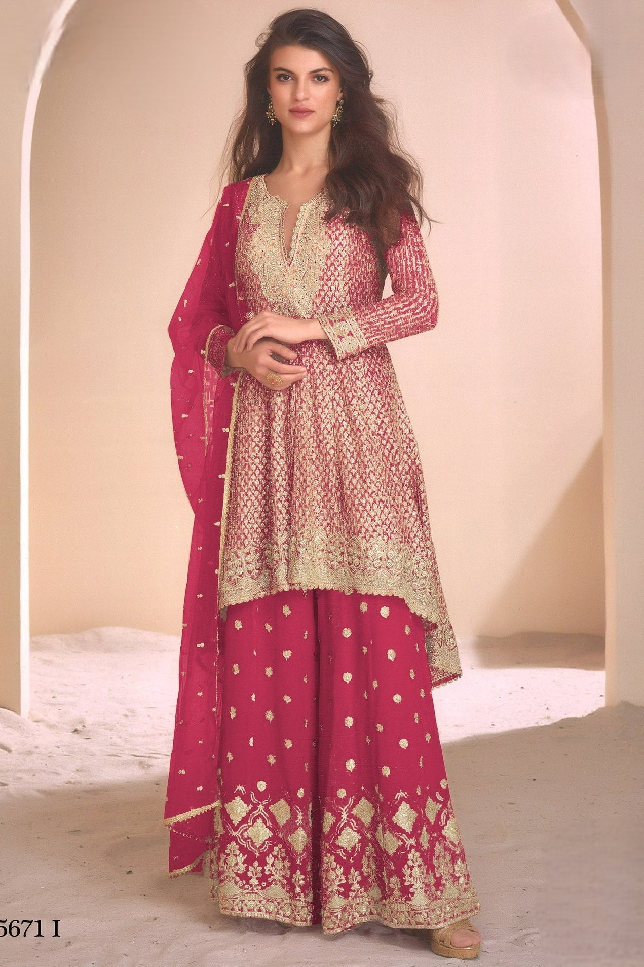 Reddish Pink Georgette Plazo Suit For Indian & Pakistani Wedding Festival - Embroidery Work, Swarovski Work