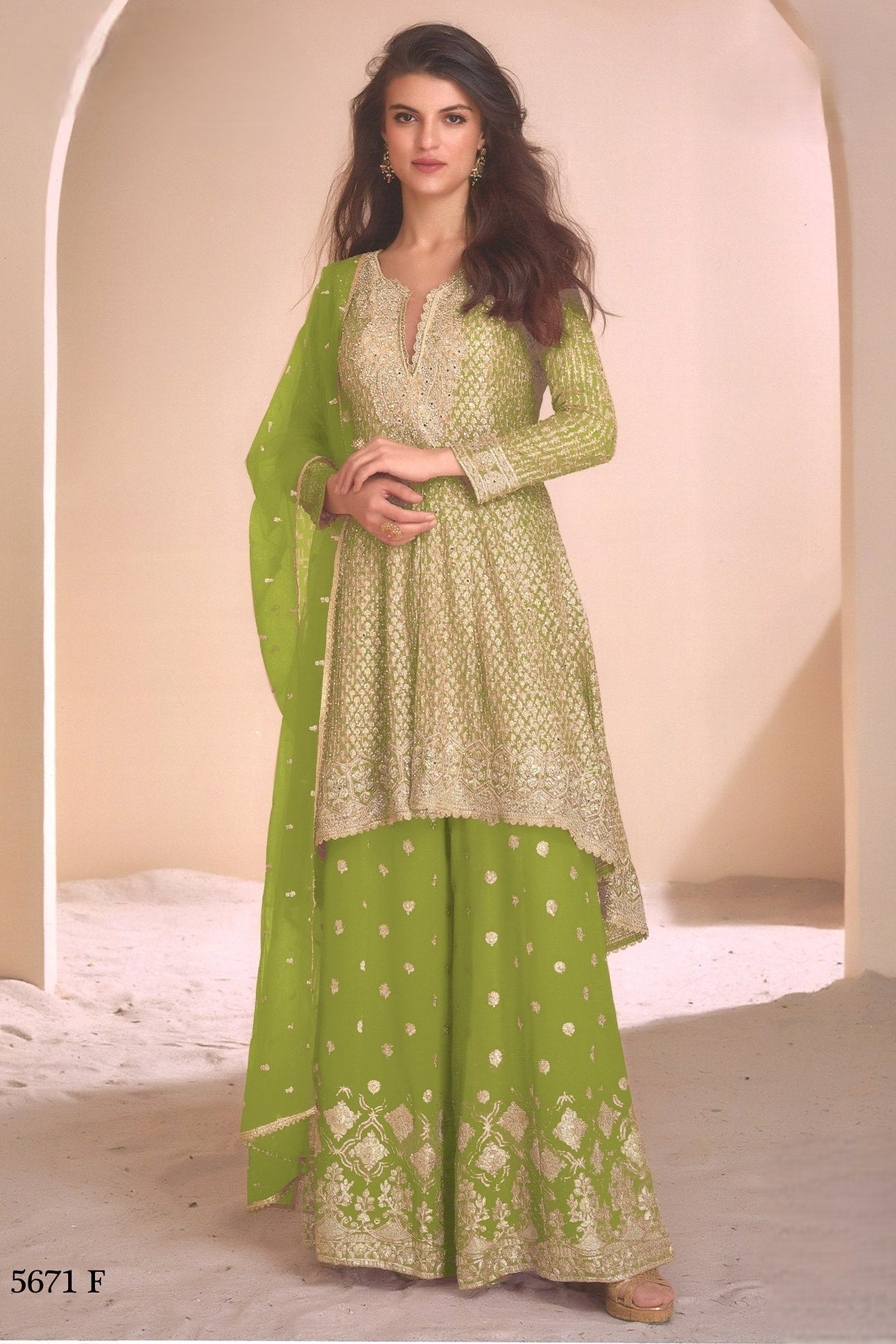 Lime Green Georgette Plazo Suit For Indian & Pakistani Wedding Festival - Embroidery Work, Swarovski Work