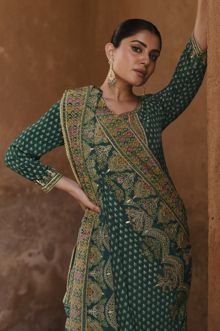 Teal Crepe Silk Sharara Kameez Suit for Pakistani & Indian Festival - Embroidery Work