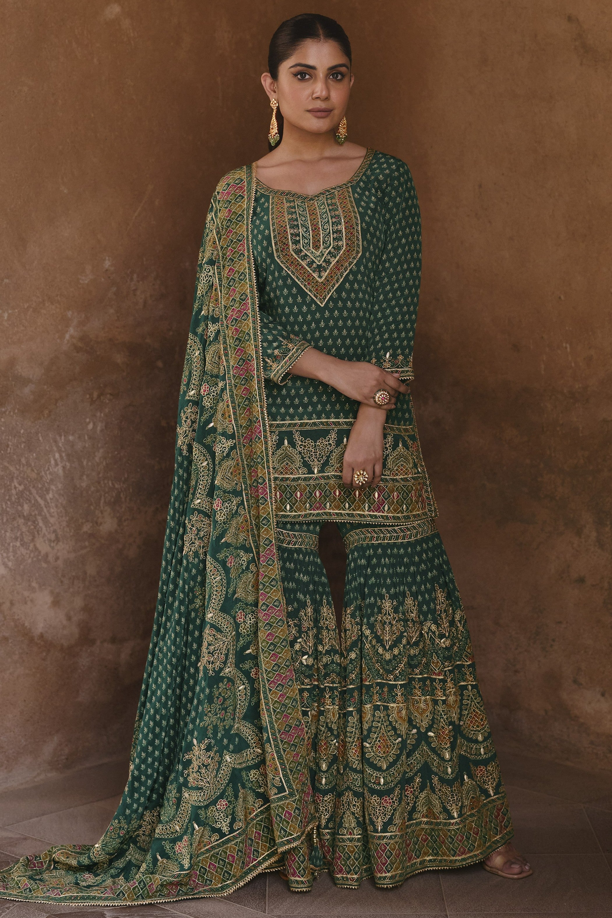 Teal Crepe Silk Sharara Kameez Suit for Pakistani & Indian Festival - Embroidery Work