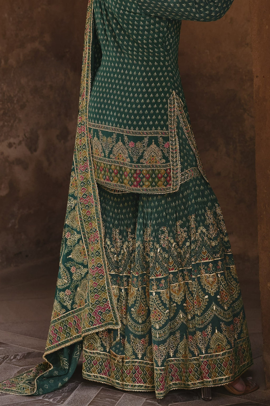 Teal Crepe Silk Sharara Kameez Suit for Pakistani & Indian Festival - Embroidery Work