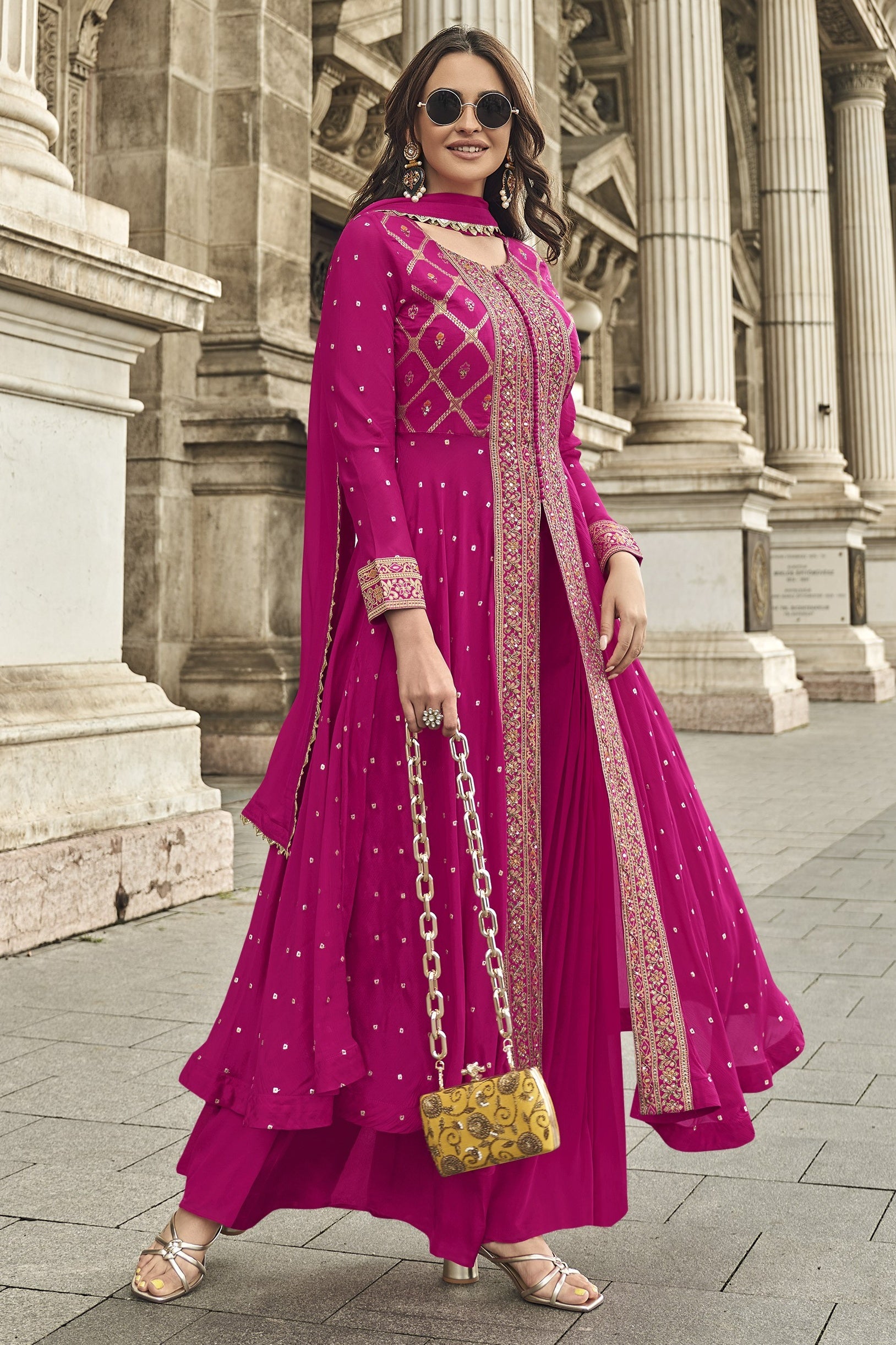 Pink Jacquard Long Kameez With Palazzo Suit For Indian & Pakistani Wedding Festival - Jacquard Work