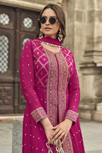 Pink Jacquard Long Kameez With Palazzo Suit For Indian & Pakistani Wedding Festival - Jacquard Work