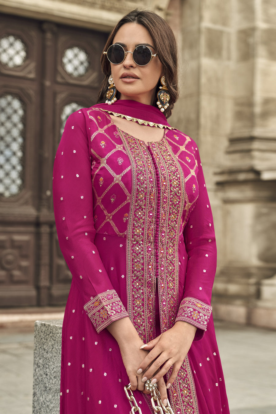 Pink Jacquard Long Kameez With Palazzo Suit For Indian & Pakistani Wedding Festival - Jacquard Work