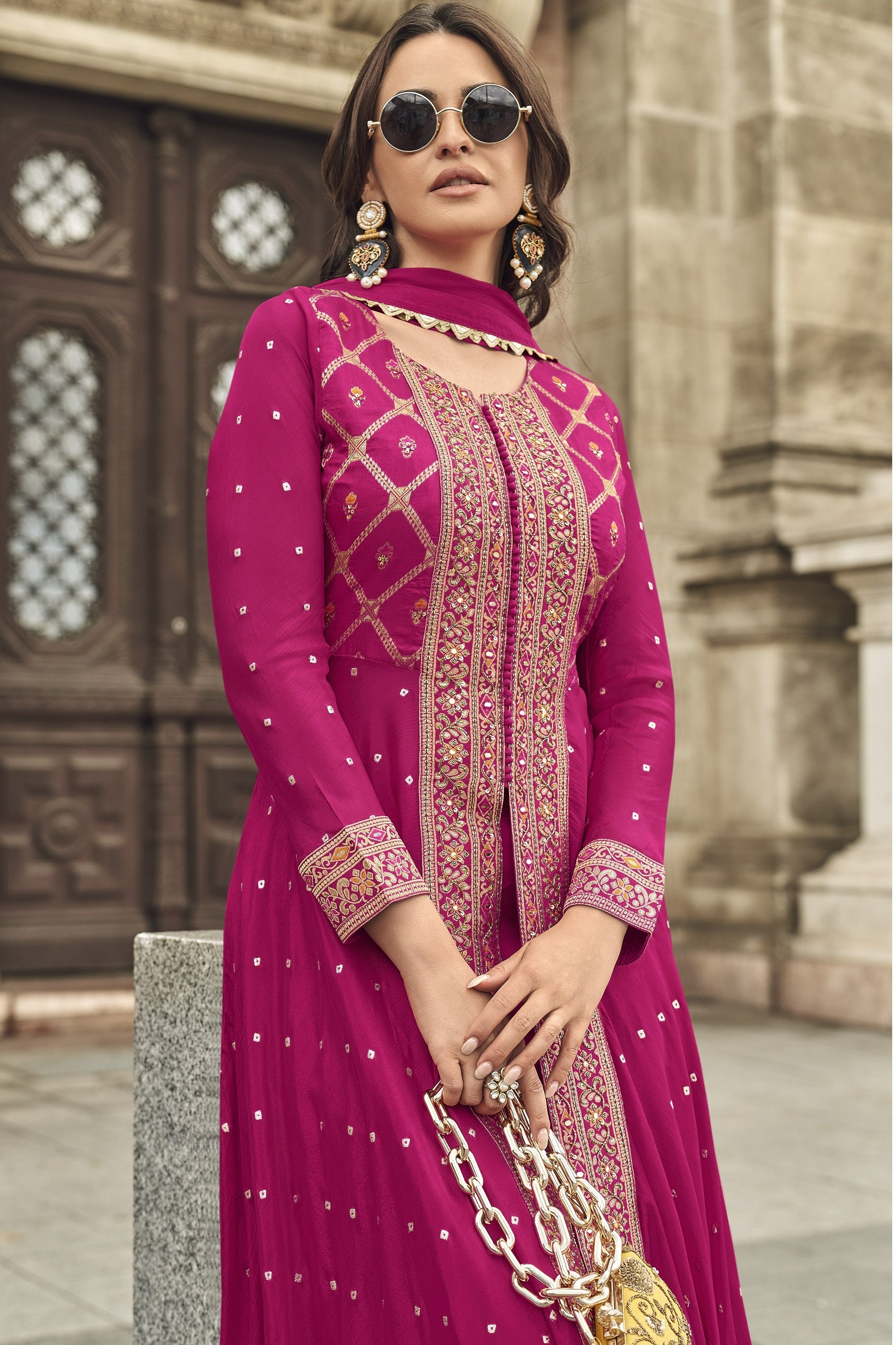 Pink Jacquard Long Kameez With Palazzo Suit For Indian & Pakistani Wedding Festival - Jacquard Work