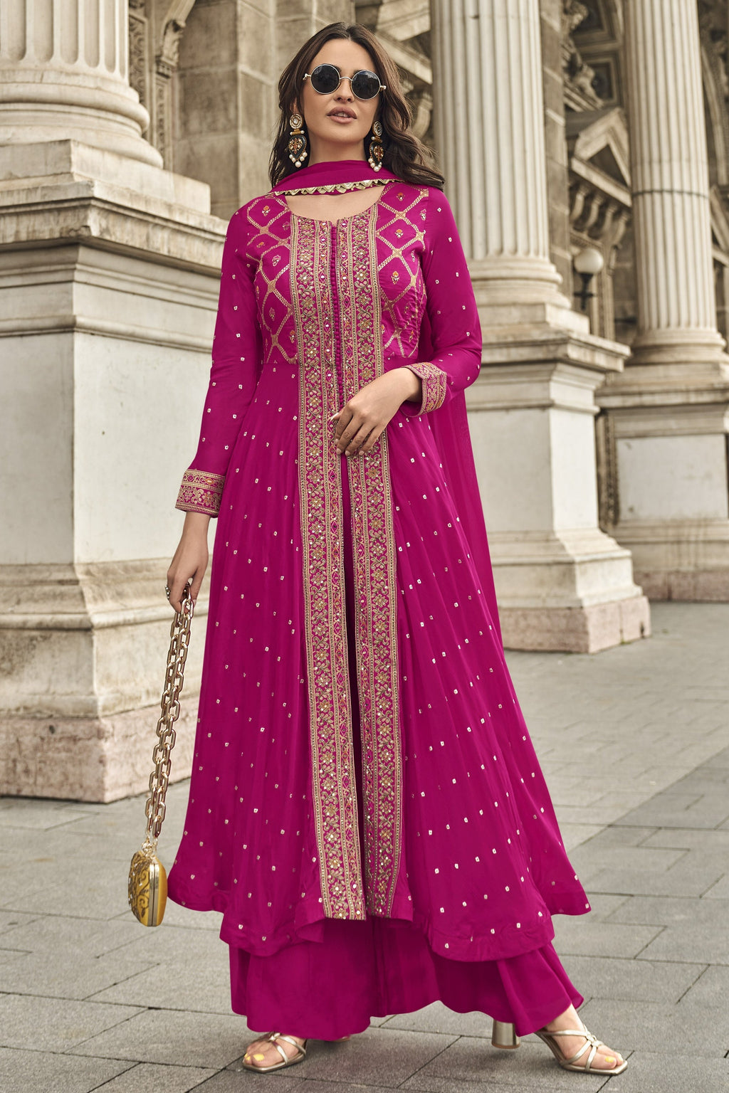 Pink Jacquard Long Kameez With Palazzo Suit For Indian & Pakistani Wedding Festival - Jacquard Work