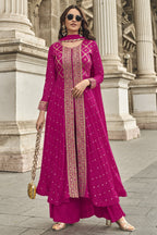 Pink Jacquard Long Kameez With Palazzo Suit For Indian & Pakistani Wedding Festival - Jacquard Work