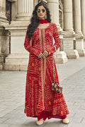 Red Jacquard Long Kameez With Palazzo Suit For Indian & Pakistani Wedding Festival - Jacquard Work