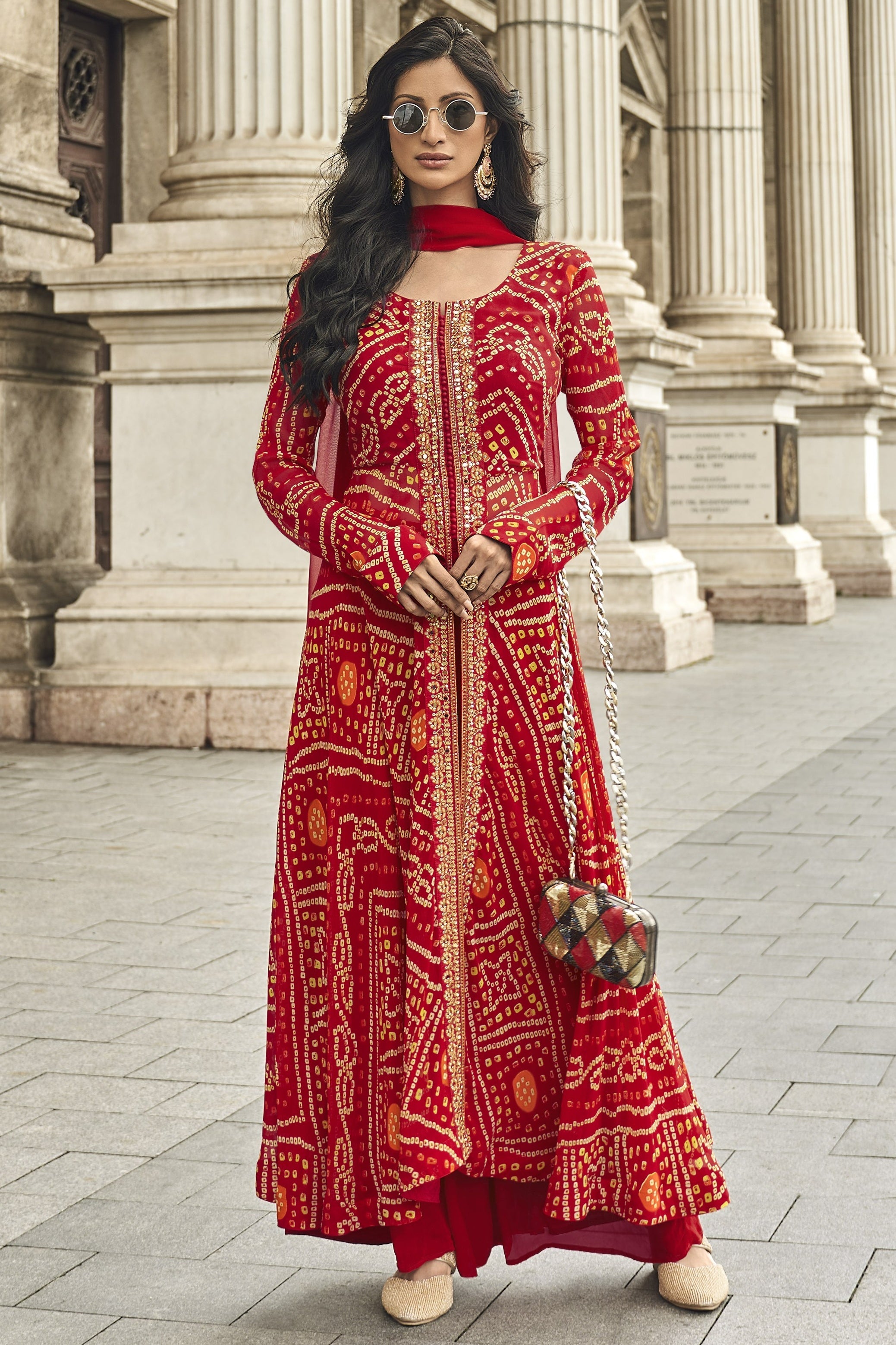 Red Jacquard Long Kameez With Palazzo Suit For Indian & Pakistani Wedding Festival - Jacquard Work