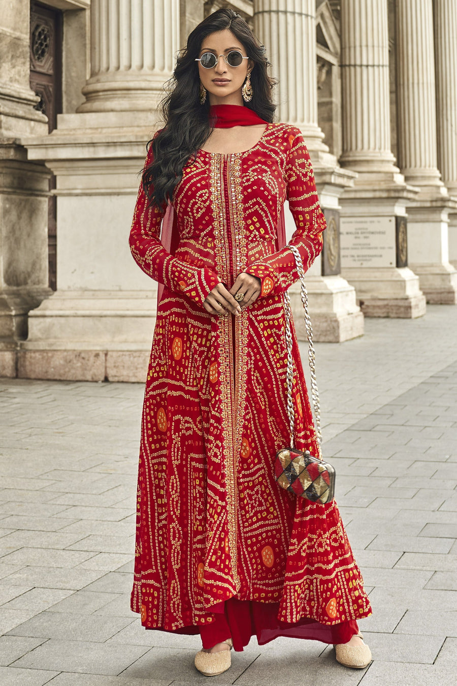 Red Jacquard Long Kameez With Palazzo Suit For Indian & Pakistani Wedding Festival - Jacquard Work