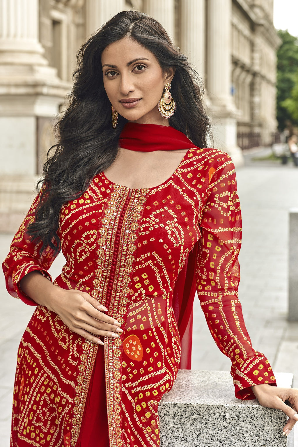 Red Jacquard Long Kameez With Palazzo Suit For Indian & Pakistani Wedding Festival - Jacquard Work
