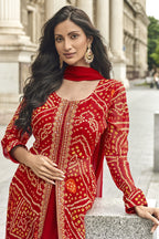 Red Jacquard Long Kameez With Palazzo Suit For Indian & Pakistani Wedding Festival - Jacquard Work
