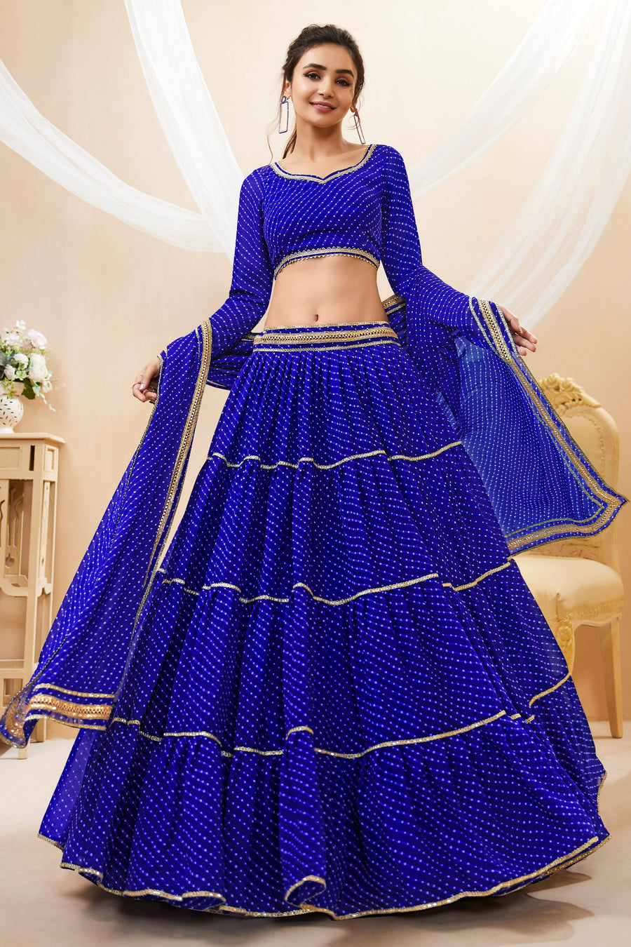 Royal Blue Georgette Full Sleeve Lehenga Choli For Indian & Pakistani Wedding Festival - Print Work
