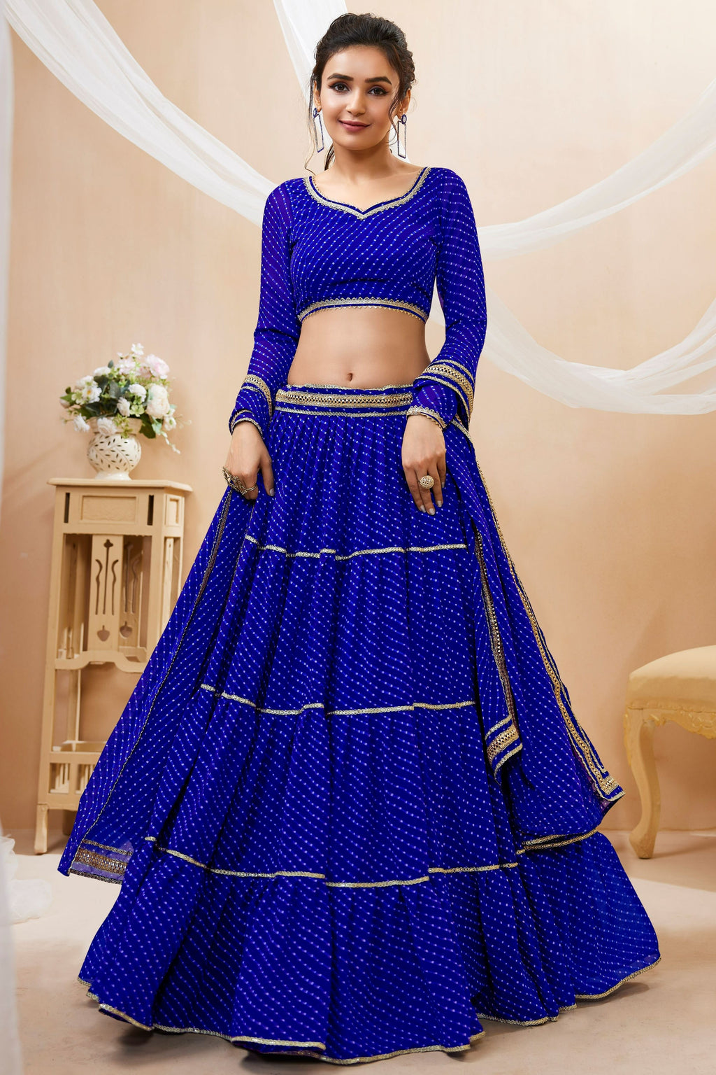 Royal Blue Georgette Full Sleeve Lehenga Choli For Indian & Pakistani Wedding Festival - Print Work
