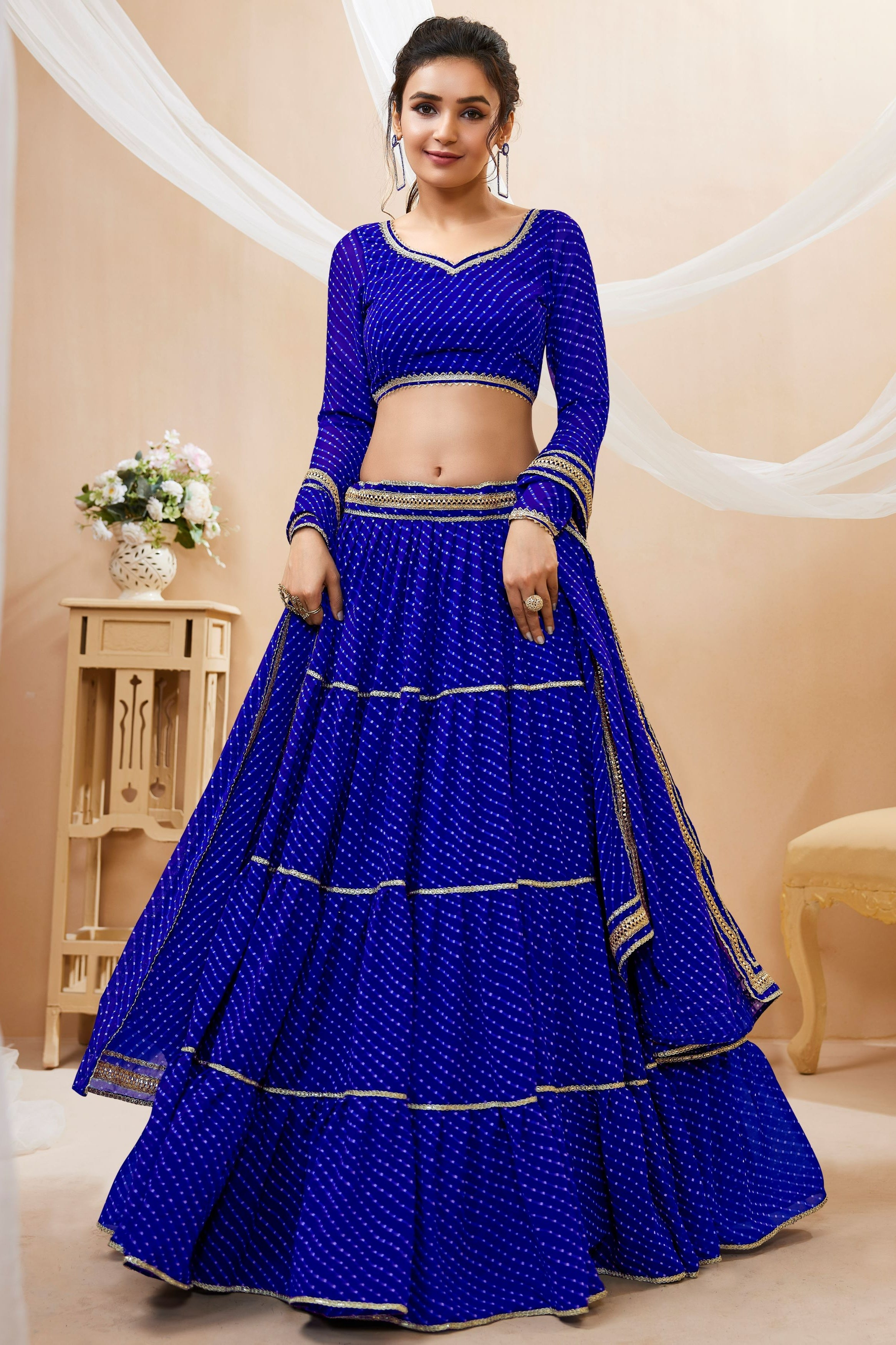 Royal Blue Georgette Full Sleeve Lehenga Choli For Indian & Pakistani Wedding Festival - Print Work